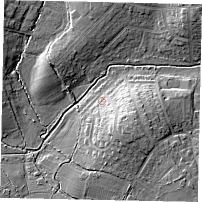 Shaded relief map of the ground around HA47NB, computed from Environment Agency LiDAR. The ground here sits at about 43 m above sea level and falls 16 m across the surrounding 800 m. Surface water reaching this point runs off ground lying to the south-south-east, 10.6 m higher.