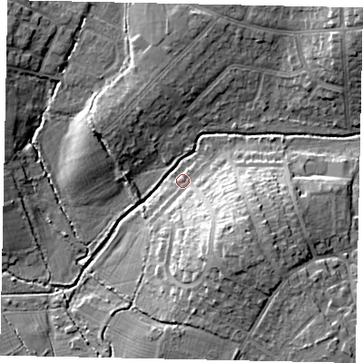 Shaded relief map of the ground around HA47ND, computed from Environment Agency LiDAR. The ground here sits at about 41 m above sea level and falls 16 m across the surrounding 800 m. Surface water reaching this point runs off ground lying to the south-south-east, 13.7 m higher.