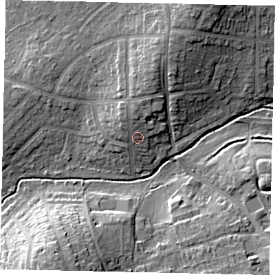 Shaded relief map of the ground around HA47NZ, computed from Environment Agency LiDAR. The ground here sits at about 46 m above sea level and falls 16 m across the surrounding 800 m. Surface water reaching this point runs off ground lying to the north, 4.2 m higher.