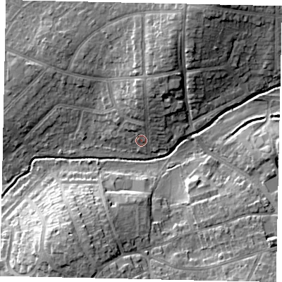 Shaded relief map of the ground around HA47PA, computed from Environment Agency LiDAR. The ground here sits at about 42 m above sea level and falls 15 m across the surrounding 800 m. Surface water reaching this point runs off ground lying to the north-north-east, 7.5 m higher.