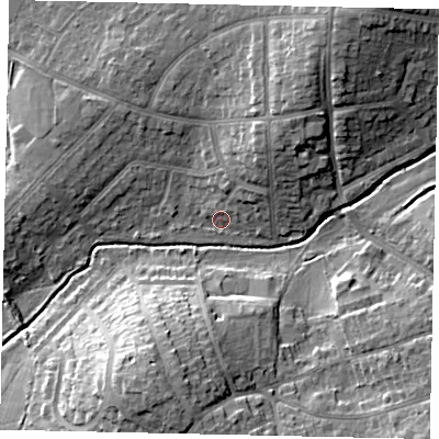 Shaded relief map of the ground around HA47PD, computed from Environment Agency LiDAR. The ground here sits at about 41 m above sea level and falls 16 m across the surrounding 800 m. Surface water reaching this point runs off ground lying to the north-north-east, 7.3 m higher.