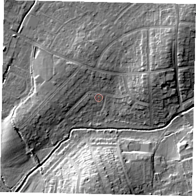 Shaded relief map of the ground around HA47PG, computed from Environment Agency LiDAR. The ground here sits at about 42 m above sea level and falls 16 m across the surrounding 800 m. Surface water reaching this point runs off ground lying to the north-north-west, 3.1 m higher.