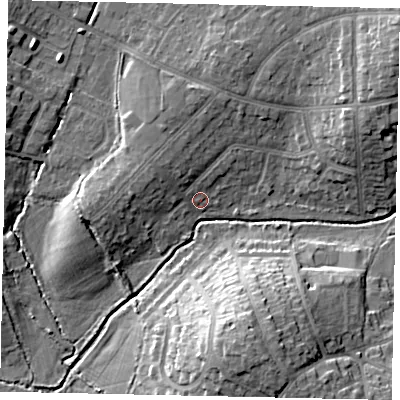 Shaded relief map of the ground around HA47PJ, computed from Environment Agency LiDAR. The ground here sits at about 41 m above sea level and falls 16 m across the surrounding 800 m. Surface water reaching this point runs off ground lying to the north, 4.8 m higher.