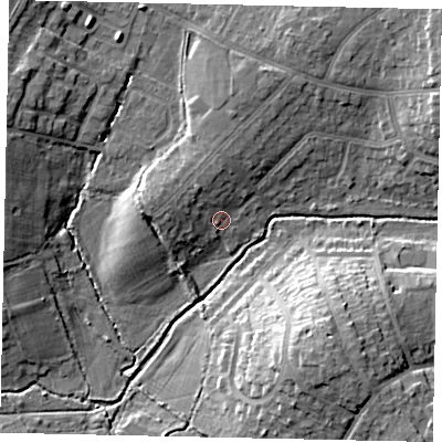 Shaded relief map of the ground around HA47PL, computed from Environment Agency LiDAR. The ground here sits at about 41 m above sea level and falls 16 m across the surrounding 800 m. Surface water reaching this point runs off ground lying to the north, 4.1 m higher.
