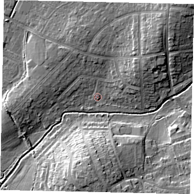 Shaded relief map of the ground around HA47PQ, computed from Environment Agency LiDAR. The ground here sits at about 41 m above sea level and falls 16 m across the surrounding 800 m. Surface water reaching this point runs off ground lying to the north-east, 12.4 m higher.