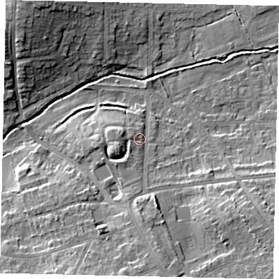 Shaded relief map of the ground around HA47QB, computed from Environment Agency LiDAR. The ground here sits at about 43 m above sea level and falls 14 m across the surrounding 800 m. Surface water reaching this point runs off ground lying to the west-south-west, 5.0 m higher.