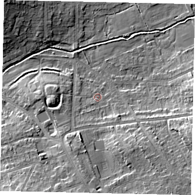 Shaded relief map of the ground around HA47QE, computed from Environment Agency LiDAR. The ground here sits at about 42 m above sea level and falls 13 m across the surrounding 800 m. Surface water reaching this point runs off ground lying to the south-west, 4.4 m higher.