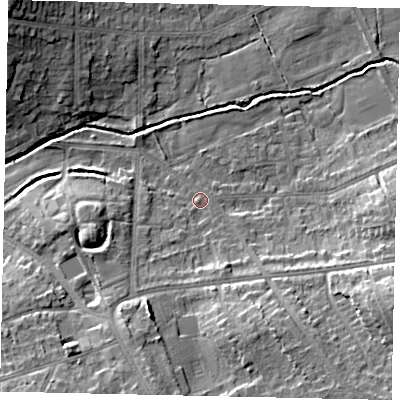 Shaded relief map of the ground around HA47QF, computed from Environment Agency LiDAR. The ground here sits at about 42 m above sea level and falls 14 m across the surrounding 800 m. Surface water reaching this point runs off ground lying to the east-south-east, 10.3 m higher.