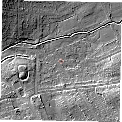 Shaded relief map of the ground around HA47QG, computed from Environment Agency LiDAR. The ground here sits at about 41 m above sea level and falls 12 m across the surrounding 800 m. Surface water reaching this point runs off ground lying to the east-south-east, 10.5 m higher.