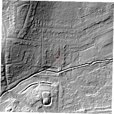 Shaded relief map of the ground around HA47QH, computed from Environment Agency LiDAR. The ground here sits at about 42 m above sea level and falls 18 m across the surrounding 800 m. Surface water reaching this point runs off ground lying to the north-west, 4.3 m higher.