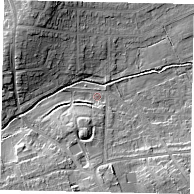 Shaded relief map of the ground around HA47QJ, computed from Environment Agency LiDAR. The ground here sits at about 41 m above sea level and falls 16 m across the surrounding 800 m. Surface water reaching this point runs off ground lying to the south-east, 10.2 m higher.