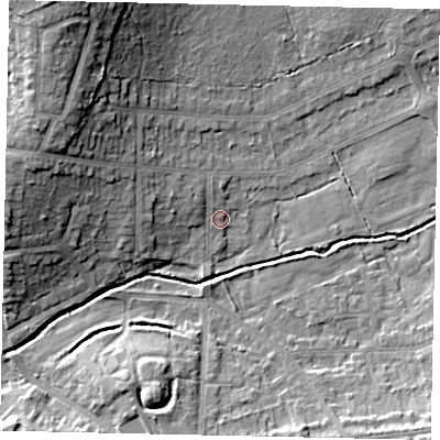 Shaded relief map of the ground around HA47QQ, computed from Environment Agency LiDAR. The ground here sits at about 42 m above sea level and falls 18 m across the surrounding 800 m. Surface water reaching this point runs off ground lying to the west-north-west, 4.0 m higher.