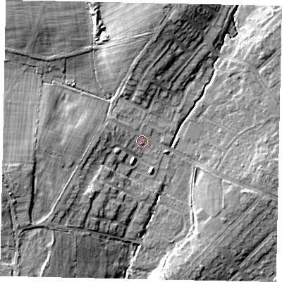 Shaded relief map of the ground around HA47QY, computed from Environment Agency LiDAR. The ground here sits at about 42 m above sea level and falls 16 m across the surrounding 800 m. Surface water reaching this point runs off ground lying to the west, 4.3 m higher.