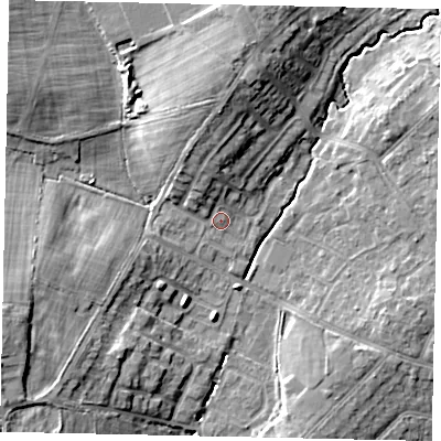 Shaded relief map of the ground around HA47RA, computed from Environment Agency LiDAR. The ground here sits at about 43 m above sea level and falls 14 m across the surrounding 800 m. Surface water reaching this point runs off ground lying to the west-south-west, 11.3 m higher.