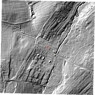 Shaded relief map of the ground around HA47RD, computed from Environment Agency LiDAR. The ground here sits at about 43 m above sea level and falls 15 m across the surrounding 800 m. Surface water reaching this point runs off ground lying to the west-south-west, 4.2 m higher.