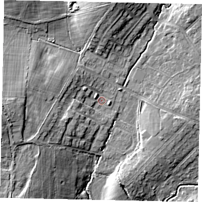Shaded relief map of the ground around HA47RE, computed from Environment Agency LiDAR. The ground here sits at about 42 m above sea level and falls 16 m across the surrounding 800 m. Surface water reaching this point runs off ground lying to the west, 12.0 m higher.