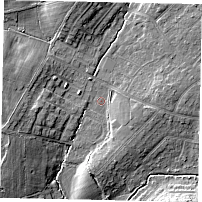 Shaded relief map of the ground around HA47RF, computed from Environment Agency LiDAR. The ground here sits at about 42 m above sea level and falls 12 m across the surrounding 800 m. Surface water reaching this point runs off ground lying to the west-south-west, 11.0 m higher.