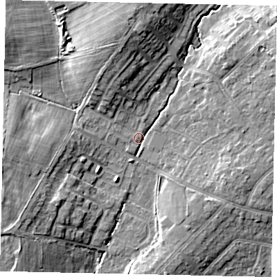 Shaded relief map of the ground around HA47RG, computed from Environment Agency LiDAR. The ground here sits at about 43 m above sea level and falls 12 m across the surrounding 800 m. Surface water reaching this point runs off ground lying to the north, 10.1 m higher.