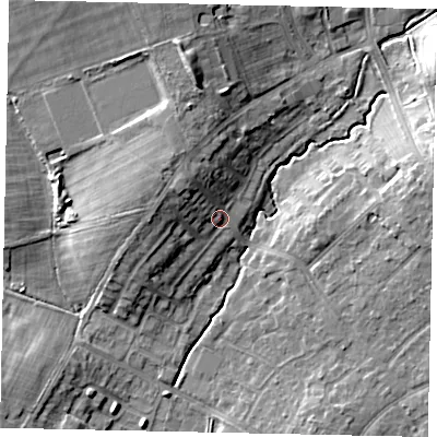 Shaded relief map of the ground around HA47RZ, computed from Environment Agency LiDAR. The ground here sits at about 45 m above sea level and falls 13 m across the surrounding 800 m. Surface water reaching this point runs off ground lying to the north-west, 6.3 m higher.