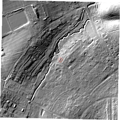 Shaded relief map of the ground around HA47SA, computed from Environment Agency LiDAR. The ground here sits at about 44 m above sea level and falls 20 m across the surrounding 800 m. Surface water reaching this point runs off ground lying to the east-north-east, 3.1 m higher.