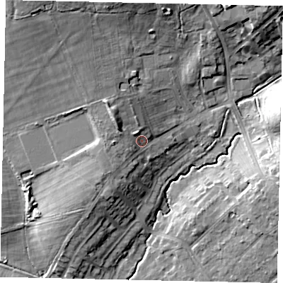 Shaded relief map of the ground around HA47SB, computed from Environment Agency LiDAR. The ground here sits at about 49 m above sea level and falls 18 m across the surrounding 800 m. Surface water reaching this point runs off ground lying to the north-west, 6.1 m higher.