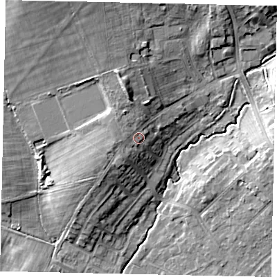 Shaded relief map of the ground around HA47SE, computed from Environment Agency LiDAR. The ground here sits at about 50 m above sea level and falls 16 m across the surrounding 800 m. Surface water reaching this point runs off ground lying to the north-north-west, 3.1 m higher.