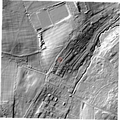 Shaded relief map of the ground around HA47SS, computed from Environment Agency LiDAR. The ground here sits at about 48 m above sea level and falls 15 m across the surrounding 800 m. Surface water reaching this point runs off ground lying to the north-north-east, 2.2 m higher.