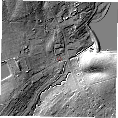 Shaded relief map of the ground around HA47ST, computed from Environment Agency LiDAR. The ground here sits at about 45 m above sea level and falls 22 m across the surrounding 800 m. Surface water reaching this point runs off ground lying to the north-north-west, 17.2 m higher.