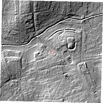 Shaded relief map of the ground around HA47SX, computed from Environment Agency LiDAR. The ground here sits at about 43 m above sea level and falls 15 m across the surrounding 800 m. Surface water reaching this point runs off ground lying to the south-south-east, 11.3 m higher.