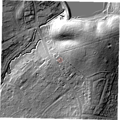 Shaded relief map of the ground around HA47TJ, computed from Environment Agency LiDAR. The ground here sits at about 54 m above sea level and falls 22 m across the surrounding 800 m. Surface water reaching this point runs off ground lying to the east, 3.0 m higher.