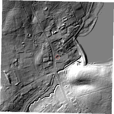 Shaded relief map of the ground around HA47TL, computed from Environment Agency LiDAR. The ground here sits at about 46 m above sea level and falls 25 m across the surrounding 800 m. Surface water reaching this point runs off ground lying to the north-north-west, 17.2 m higher.