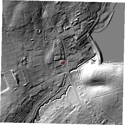 Shaded relief map of the ground around HA47TW, computed from Environment Agency LiDAR. The ground here sits at about 46 m above sea level and falls 22 m across the surrounding 800 m. Surface water reaching this point runs off ground lying to the north-north-west, 17.3 m higher.