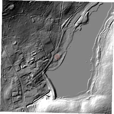 Shaded relief map of the ground around HA47TY, computed from Environment Agency LiDAR. The ground here sits at about 51 m above sea level and falls 40 m across the surrounding 800 m. Surface water reaching this point runs off ground lying to the north-west, 11.0 m higher.
