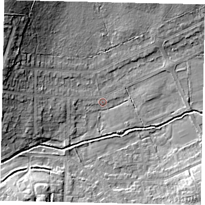 Shaded relief map of the ground around HA47UJ, computed from Environment Agency LiDAR. The ground here sits at about 41 m above sea level and falls 20 m across the surrounding 800 m. Surface water reaching this point runs off ground lying to the north-west, 18.6 m higher.