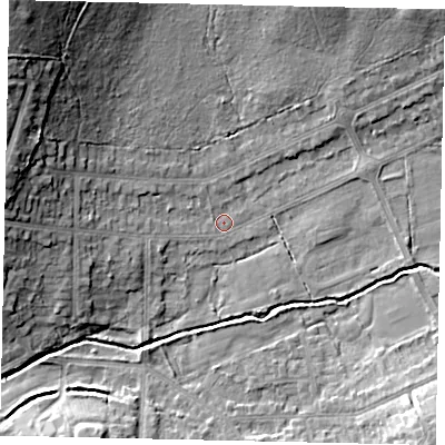Shaded relief map of the ground around HA47UL, computed from Environment Agency LiDAR. The ground here sits at about 41 m above sea level and falls 21 m across the surrounding 800 m. Surface water reaching this point runs off ground lying to the north-west, 19.5 m higher.