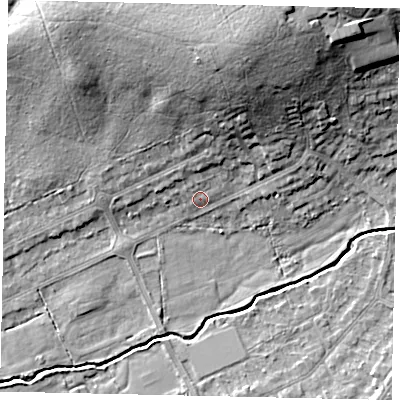 Shaded relief map of the ground around HA47UN, computed from Environment Agency LiDAR. The ground here sits at about 43 m above sea level and falls 18 m across the surrounding 800 m. Surface water reaching this point runs off ground lying to the north-north-east, 14.8 m higher.