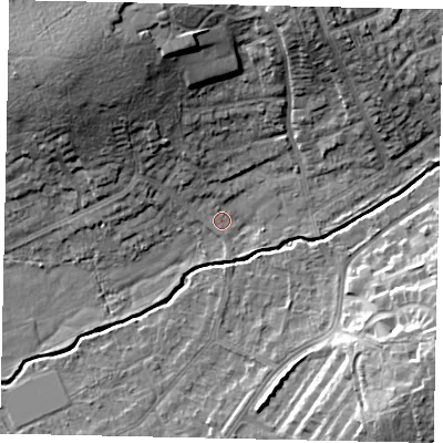Shaded relief map of the ground around HA47UT, computed from Environment Agency LiDAR. The ground here sits at about 43 m above sea level and falls 17 m across the surrounding 800 m. Surface water reaching this point runs off ground lying to the north-north-west, 15.7 m higher.