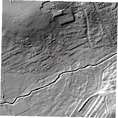 Shaded relief map of the ground around HA47UZ, computed from Environment Agency LiDAR. The ground here sits at about 43 m above sea level and falls 18 m across the surrounding 800 m. Surface water reaching this point runs off ground lying to the north-west, 14.2 m higher.