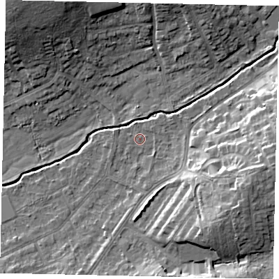 Shaded relief map of the ground around HA47XA, computed from Environment Agency LiDAR. The ground here sits at about 43 m above sea level and falls 17 m across the surrounding 800 m. Surface water reaching this point runs off ground lying to the east-south-east, 10.4 m higher.