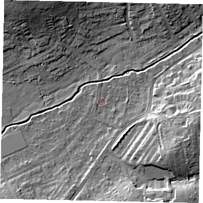 Shaded relief map of the ground around HA47XB, computed from Environment Agency LiDAR. The ground here sits at about 43 m above sea level and falls 16 m across the surrounding 800 m. Surface water reaching this point runs off ground lying to the south-east, 1.6 m higher.