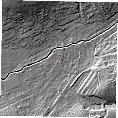 Shaded relief map of the ground around HA47XD, computed from Environment Agency LiDAR. The ground here sits at about 43 m above sea level and falls 16 m across the surrounding 800 m. Surface water reaching this point runs off ground lying to the north-east, 0.8 m higher.
