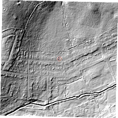 Shaded relief map of the ground around HA47XR, computed from Environment Agency LiDAR. The ground here sits at about 42 m above sea level and falls 24 m across the surrounding 800 m. Surface water reaching this point runs off ground lying to the north-west, 19.7 m higher.