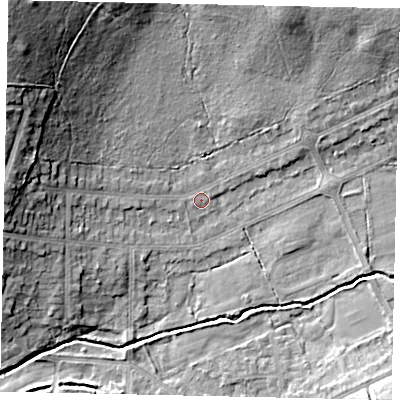 Shaded relief map of the ground around HA47XS, computed from Environment Agency LiDAR. The ground here sits at about 42 m above sea level and falls 23 m across the surrounding 800 m. Surface water reaching this point runs off ground lying to the north-west, 19.9 m higher.