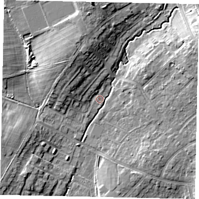 Shaded relief map of the ground around HA47YJ, computed from Environment Agency LiDAR. The ground here sits at about 42 m above sea level and falls 13 m across the surrounding 800 m. Surface water reaching this point runs off ground lying to the east-north-east, 11.1 m higher.