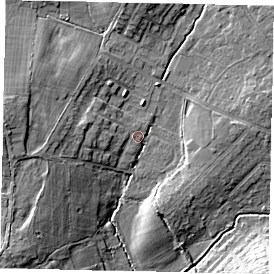 Shaded relief map of the ground around HA47YW, computed from Environment Agency LiDAR. The ground here sits at about 42 m above sea level and falls 16 m across the surrounding 800 m. Surface water reaching this point runs off ground lying to the west, 5.0 m higher.