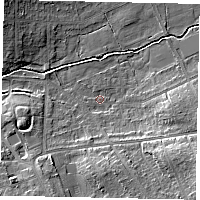 Shaded relief map of the ground around HA48AA, computed from Environment Agency LiDAR. The ground here sits at about 41 m above sea level and falls 13 m across the surrounding 800 m. Surface water reaching this point runs off ground lying to the east-south-east, 8.0 m higher.