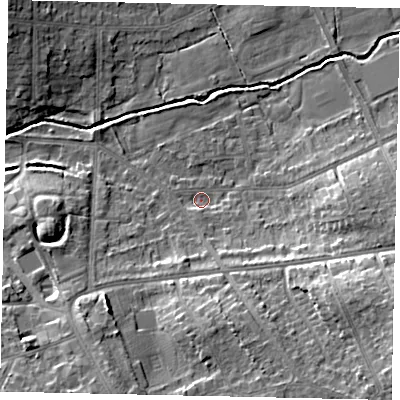 Shaded relief map of the ground around HA48AB, computed from Environment Agency LiDAR. The ground here sits at about 41 m above sea level and falls 13 m across the surrounding 800 m. Surface water reaching this point runs off ground lying to the east-south-east, 5.8 m higher.