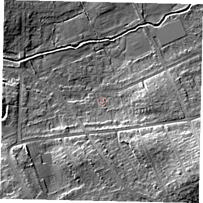 Shaded relief map of the ground around HA48AD, computed from Environment Agency LiDAR. The ground here sits at about 41 m above sea level and falls 18 m across the surrounding 800 m. Surface water reaching this point runs off ground lying to the east-south-east, 7.8 m higher.