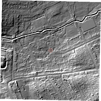 Shaded relief map of the ground around HA48AE, computed from Environment Agency LiDAR. The ground here sits at about 41 m above sea level and falls 17 m across the surrounding 800 m. Surface water reaching this point runs off ground lying to the east-south-east, 8.5 m higher.