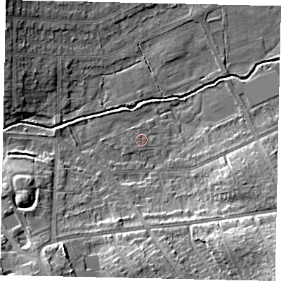 Shaded relief map of the ground around HA48AF, computed from Environment Agency LiDAR. The ground here sits at about 41 m above sea level and falls 15 m across the surrounding 800 m. Surface water reaching this point runs off ground lying to the north-north-west, 0.6 m higher.